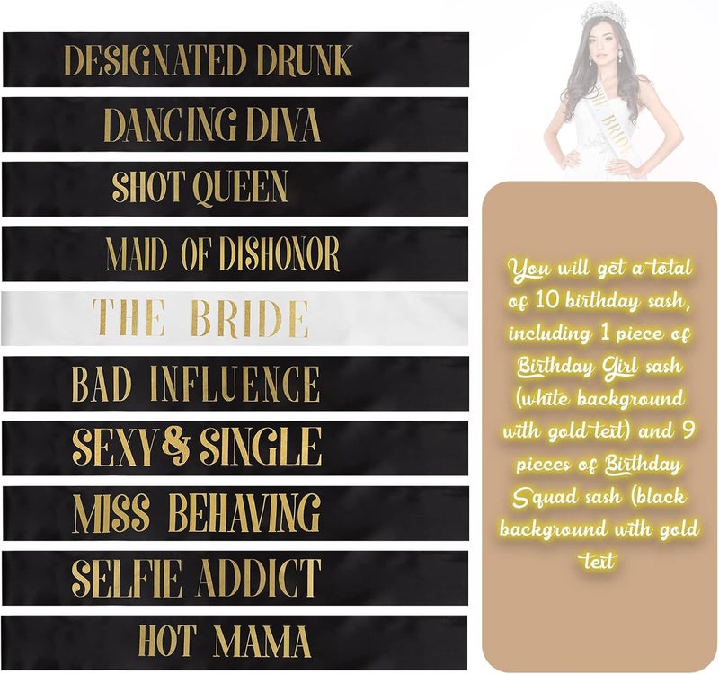 LEIFIDE 10 Pack Bride and Bridesmaid Sash Set Wedding Bachelorette Funny Team Gifts Sash Decorations for Woman Bride Bridesmaid of Honor Party Supplies(Black, White) - Image 2